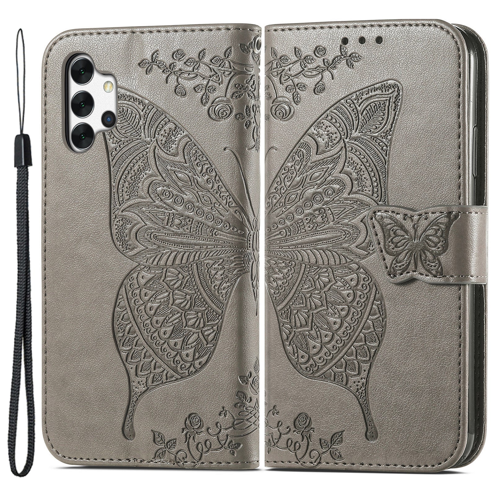 For Samsung Galaxy A13 4G Folding Stand PU Leather Case Imprinted Butterfly Flower Pattern Wallet Style Flip Cover with Strap