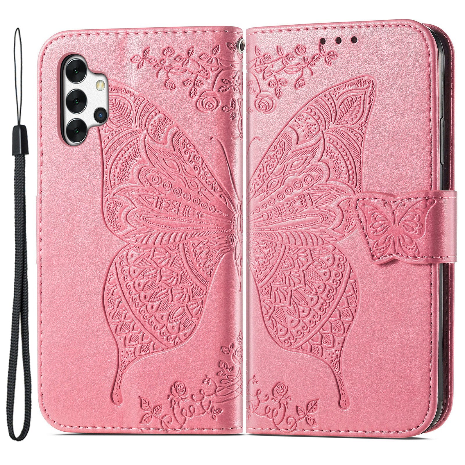 For Samsung Galaxy A13 4G Folding Stand PU Leather Case Imprinted Butterfly Flower Pattern Wallet Style Flip Cover with Strap