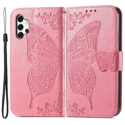 For Samsung Galaxy A13 4G Folding Stand PU Leather Case Imprinted Butterfly Flower Pattern Wallet Style Flip Cover with Strap