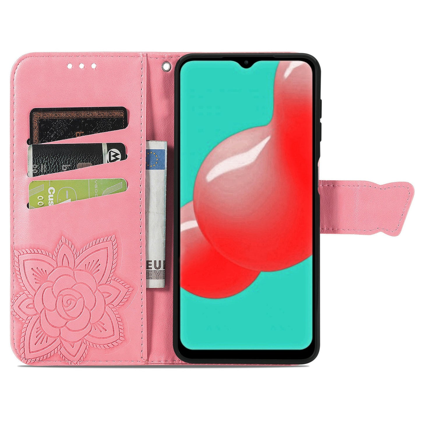 For Samsung Galaxy A13 4G Folding Stand PU Leather Case Imprinted Butterfly Flower Pattern Wallet Style Flip Cover with Strap