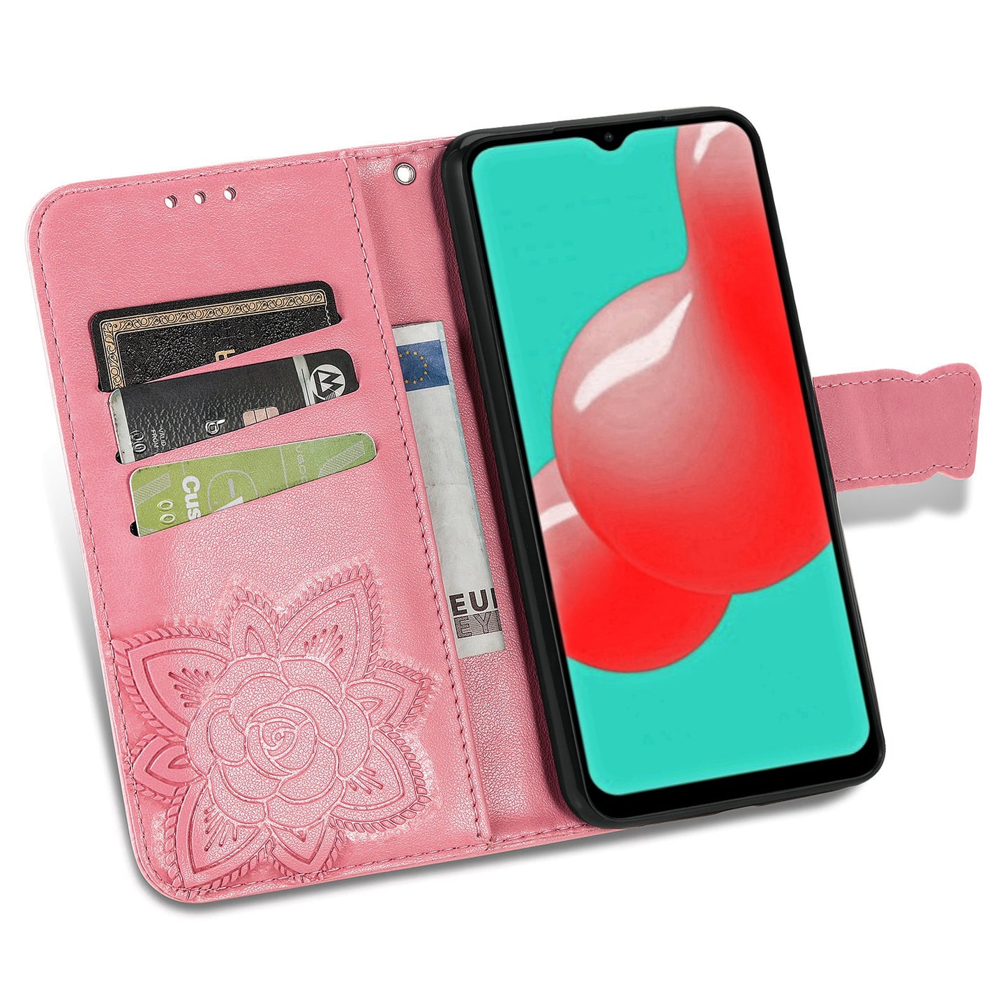 For Samsung Galaxy A13 4G Folding Stand PU Leather Case Imprinted Butterfly Flower Pattern Wallet Style Flip Cover with Strap