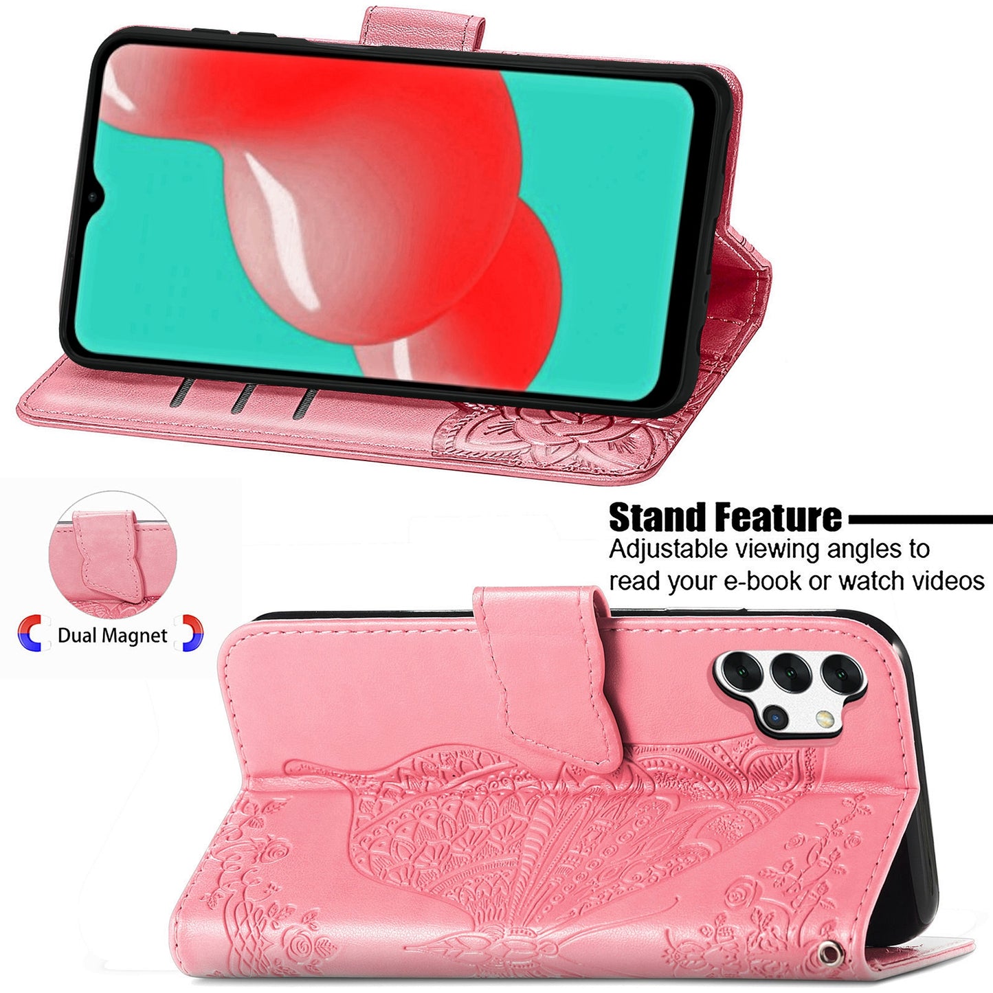 For Samsung Galaxy A13 4G Folding Stand PU Leather Case Imprinted Butterfly Flower Pattern Wallet Style Flip Cover with Strap