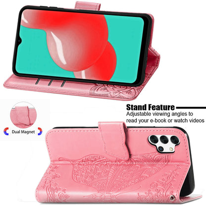 For Samsung Galaxy A13 4G Folding Stand PU Leather Case Imprinted Butterfly Flower Pattern Wallet Style Flip Cover with Strap