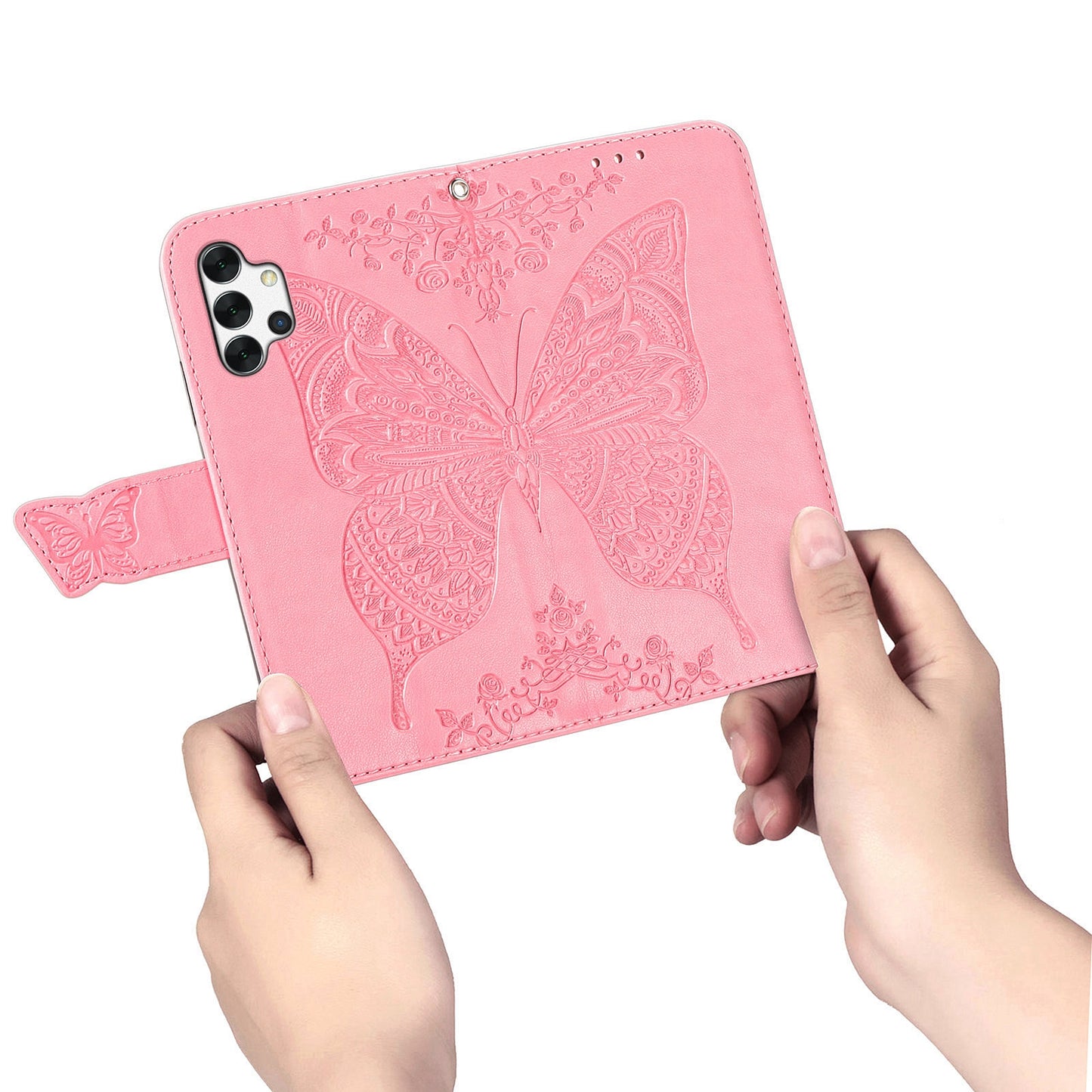 For Samsung Galaxy A13 4G Folding Stand PU Leather Case Imprinted Butterfly Flower Pattern Wallet Style Flip Cover with Strap