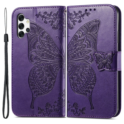 For Samsung Galaxy A13 4G Folding Stand PU Leather Case Imprinted Butterfly Flower Pattern Wallet Style Flip Cover with Strap