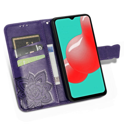 For Samsung Galaxy A13 4G Folding Stand PU Leather Case Imprinted Butterfly Flower Pattern Wallet Style Flip Cover with Strap