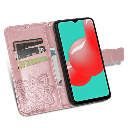 For Samsung Galaxy A13 4G Folding Stand PU Leather Case Imprinted Butterfly Flower Pattern Wallet Style Flip Cover with Strap