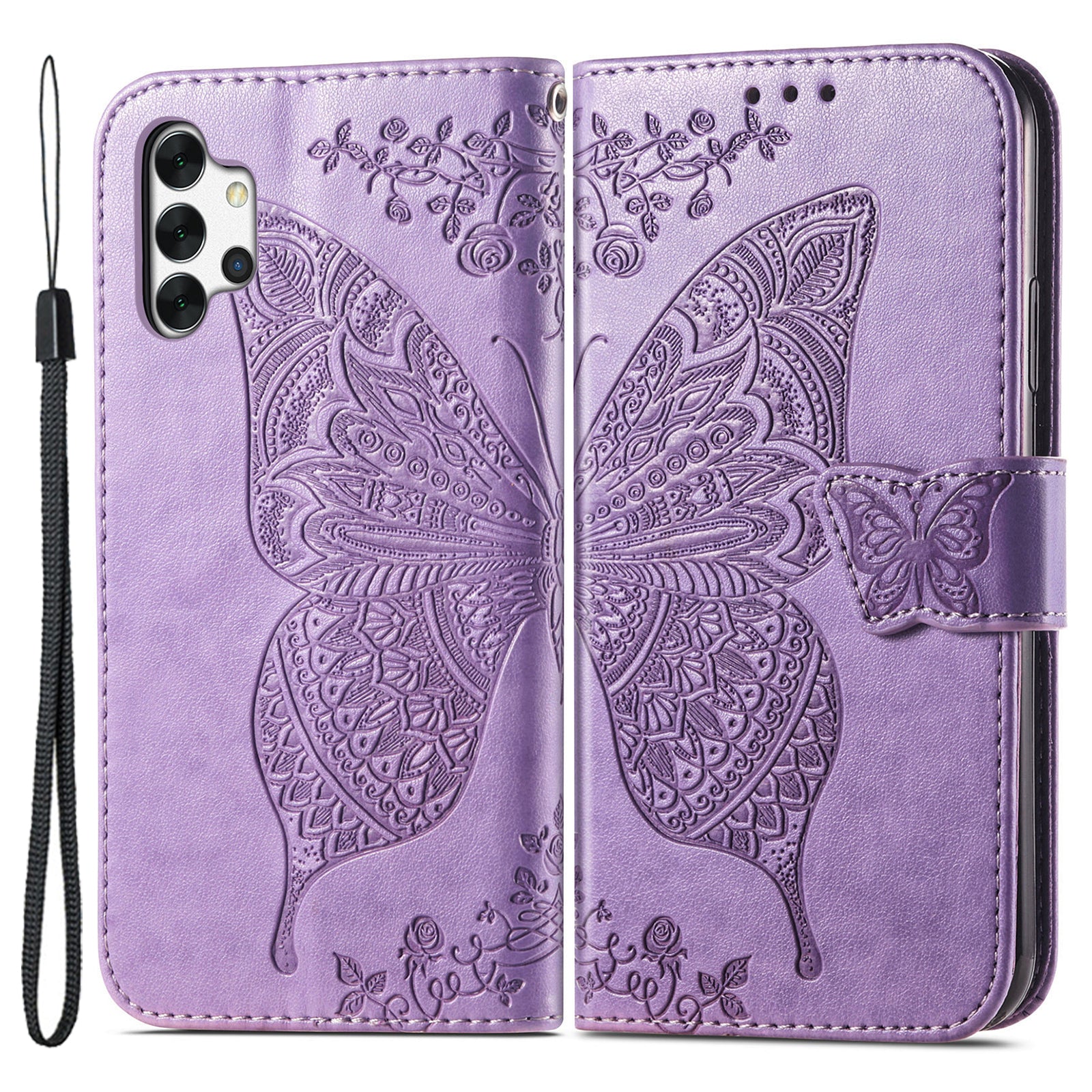 For Samsung Galaxy A13 4G Folding Stand PU Leather Case Imprinted Butterfly Flower Pattern Wallet Style Flip Cover with Strap