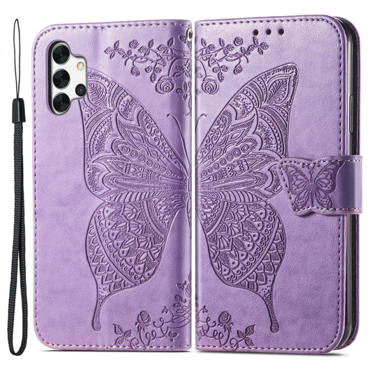 For Samsung Galaxy A13 4G Folding Stand PU Leather Case Imprinted Butterfly Flower Pattern Wallet Style Flip Cover with Strap