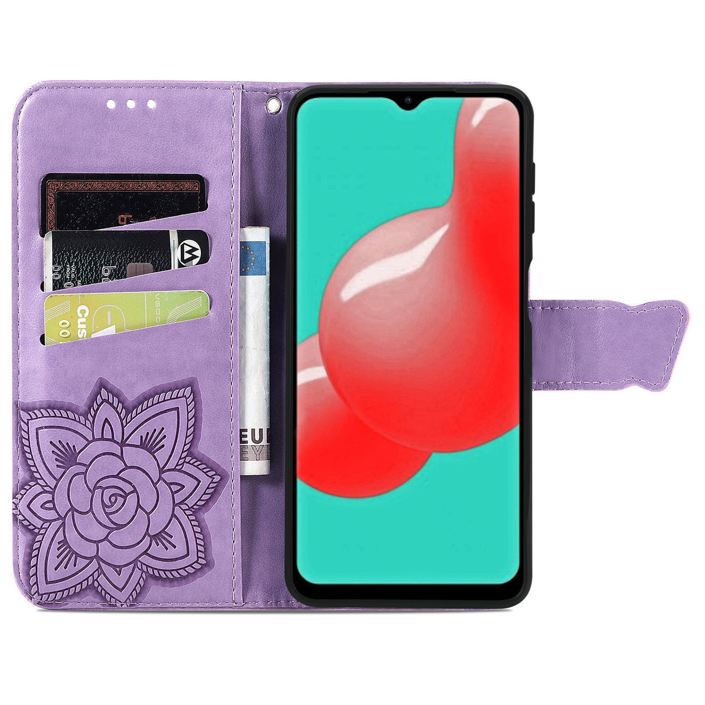 For Samsung Galaxy A13 4G Folding Stand PU Leather Case Imprinted Butterfly Flower Pattern Wallet Style Flip Cover with Strap