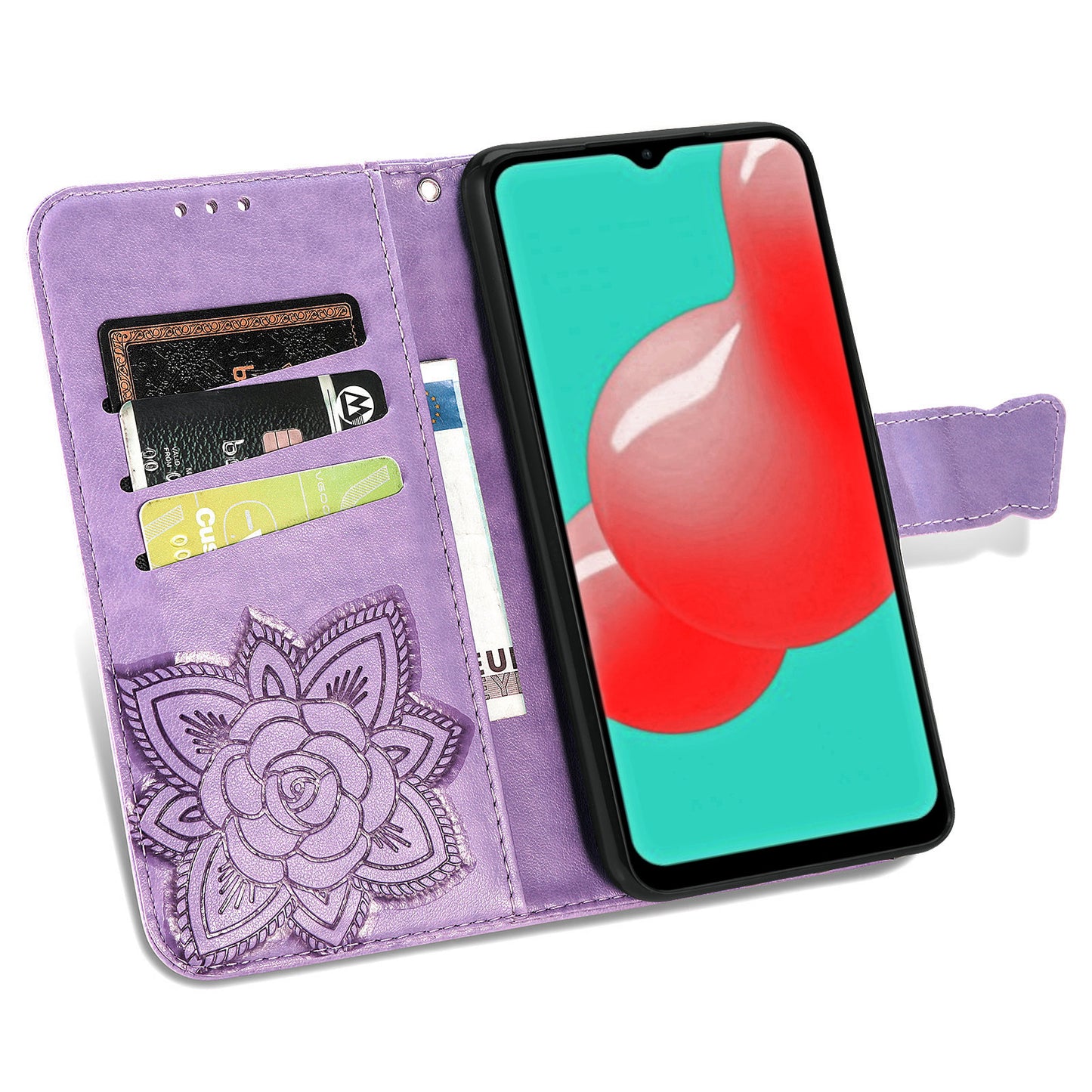 For Samsung Galaxy A13 4G Folding Stand PU Leather Case Imprinted Butterfly Flower Pattern Wallet Style Flip Cover with Strap