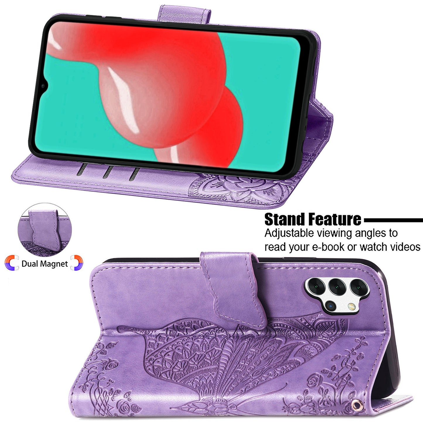 For Samsung Galaxy A13 4G Folding Stand PU Leather Case Imprinted Butterfly Flower Pattern Wallet Style Flip Cover with Strap