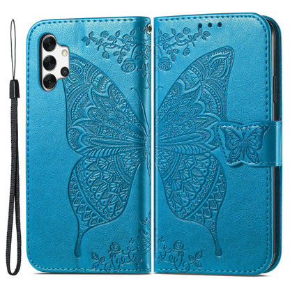 For Samsung Galaxy A13 4G Folding Stand PU Leather Case Imprinted Butterfly Flower Pattern Wallet Style Flip Cover with Strap