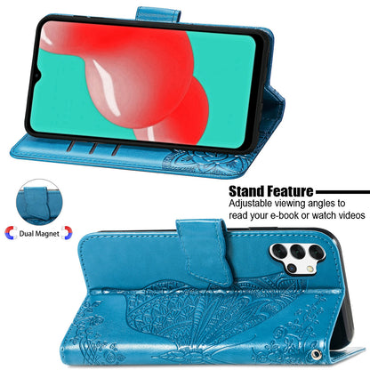 For Samsung Galaxy A13 4G Folding Stand PU Leather Case Imprinted Butterfly Flower Pattern Wallet Style Flip Cover with Strap