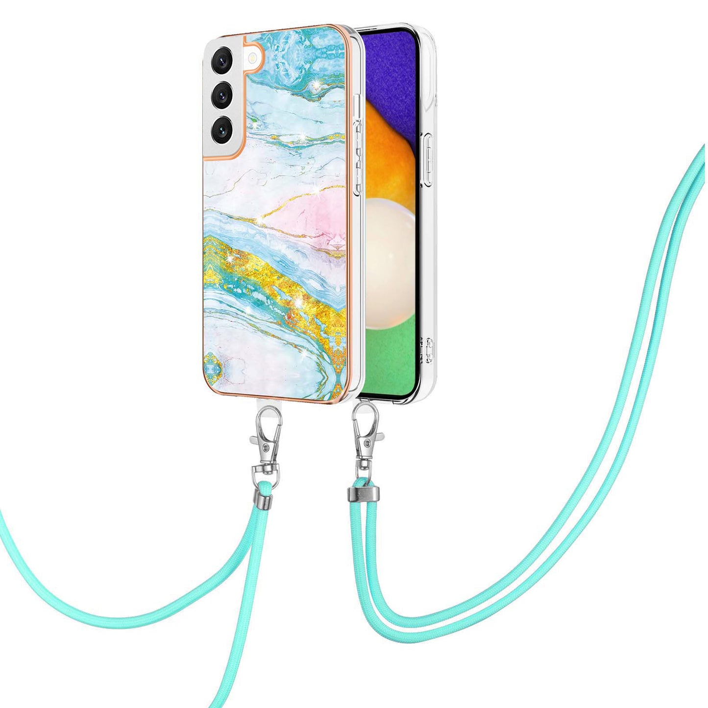 YB IMD Series-9 IMD Marble Phone Case for Samsung Galaxy S22+ 5G Electroplating Frame Soft TPU Back Cover with Lanyard