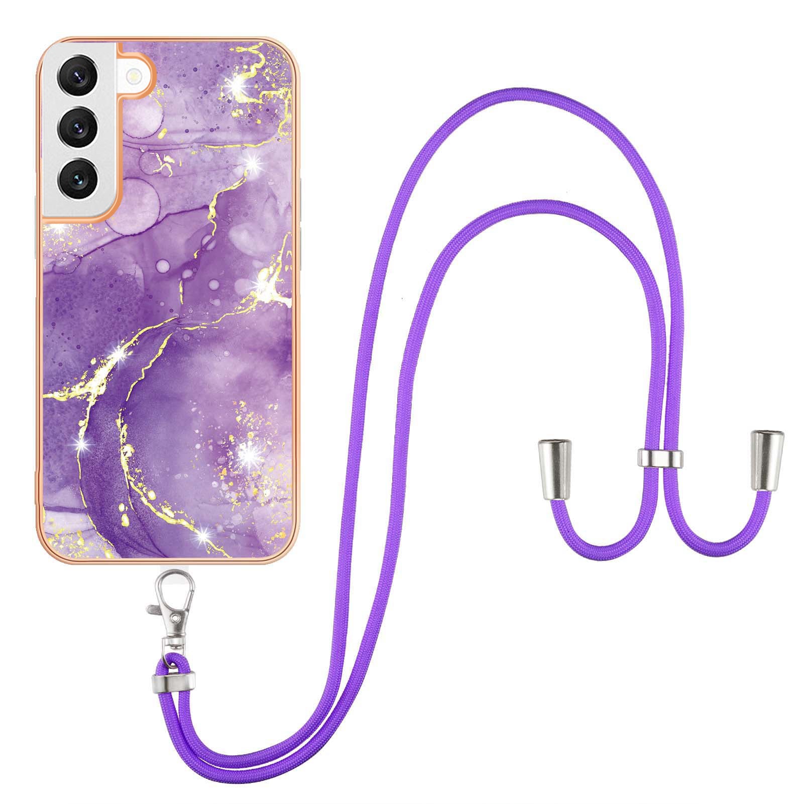 YB IMD Series-9 IMD Marble Phone Case for Samsung Galaxy S22+ 5G Electroplating Frame Soft TPU Back Cover with Lanyard