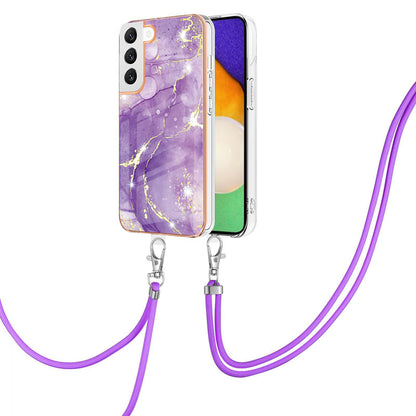 YB IMD Series-9 IMD Marble Phone Case for Samsung Galaxy S22+ 5G Electroplating Frame Soft TPU Back Cover with Lanyard