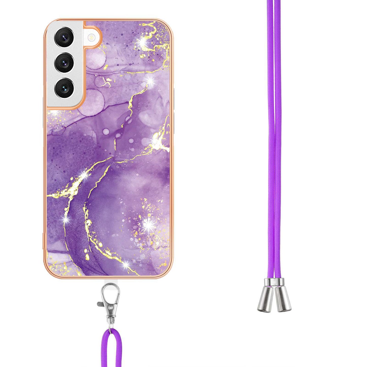 YB IMD Series-9 IMD Marble Phone Case for Samsung Galaxy S22+ 5G Electroplating Frame Soft TPU Back Cover with Lanyard