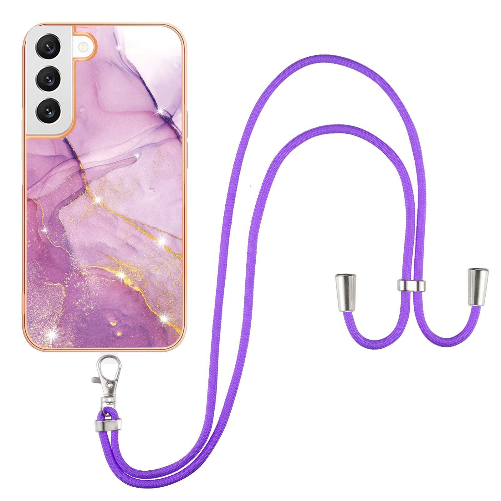 YB IMD Series-9 IMD Marble Phone Case for Samsung Galaxy S22+ 5G Electroplating Frame Soft TPU Back Cover with Lanyard