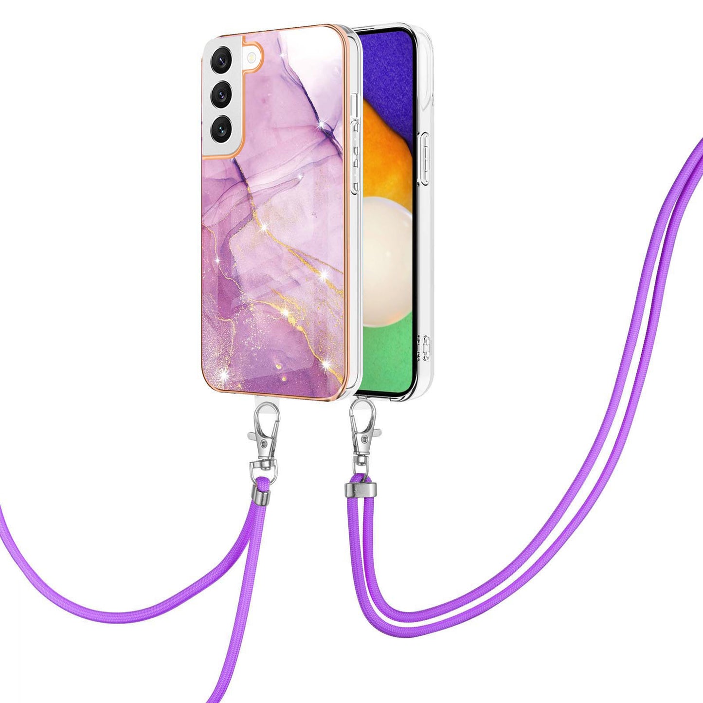 YB IMD Series-9 IMD Marble Phone Case for Samsung Galaxy S22+ 5G Electroplating Frame Soft TPU Back Cover with Lanyard
