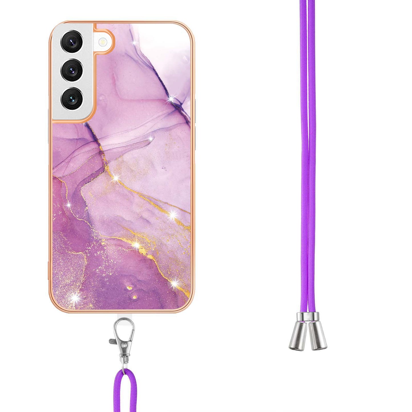YB IMD Series-9 IMD Marble Phone Case for Samsung Galaxy S22+ 5G Electroplating Frame Soft TPU Back Cover with Lanyard