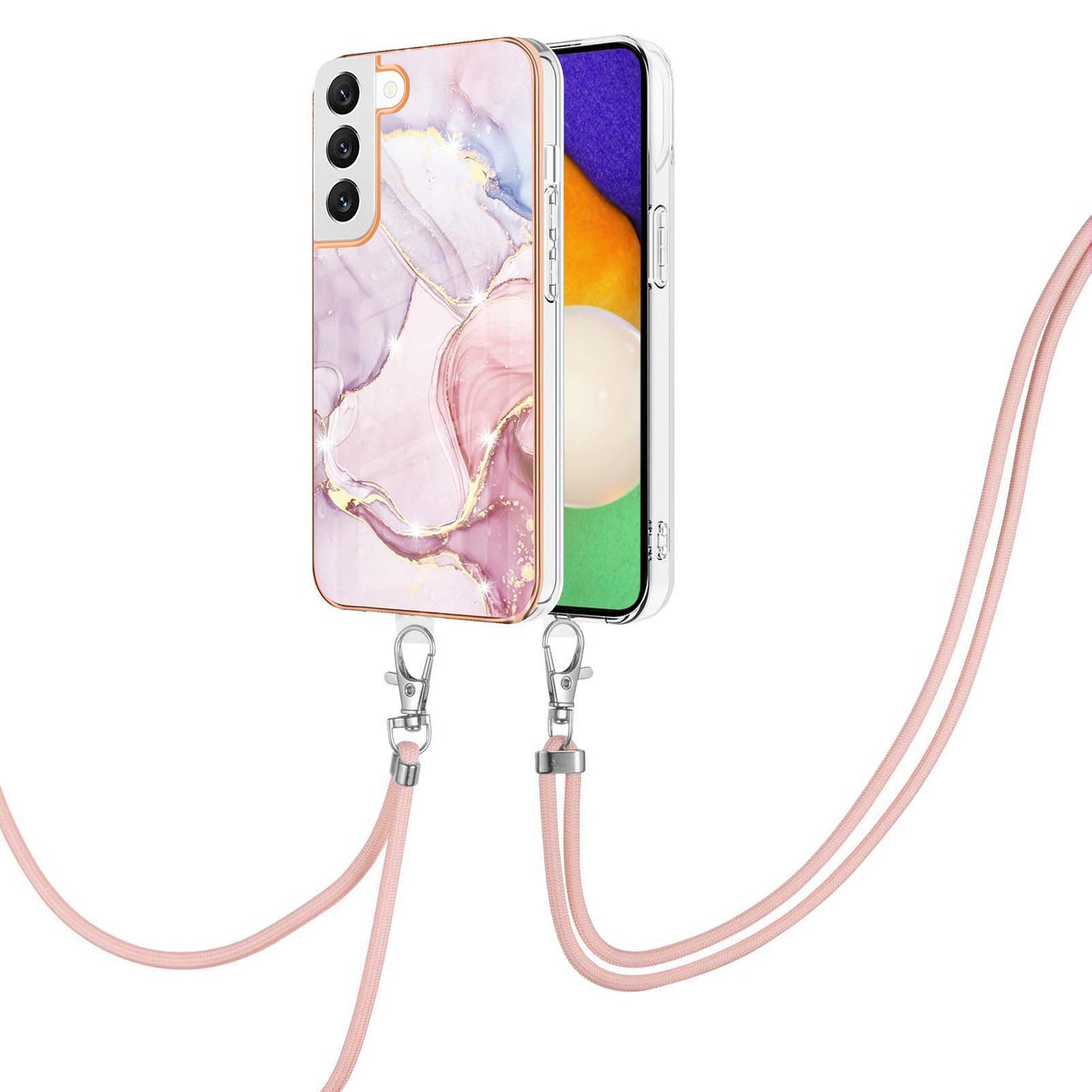 YB IMD Series-9 IMD Marble Phone Case for Samsung Galaxy S22+ 5G Electroplating Frame Soft TPU Back Cover with Lanyard