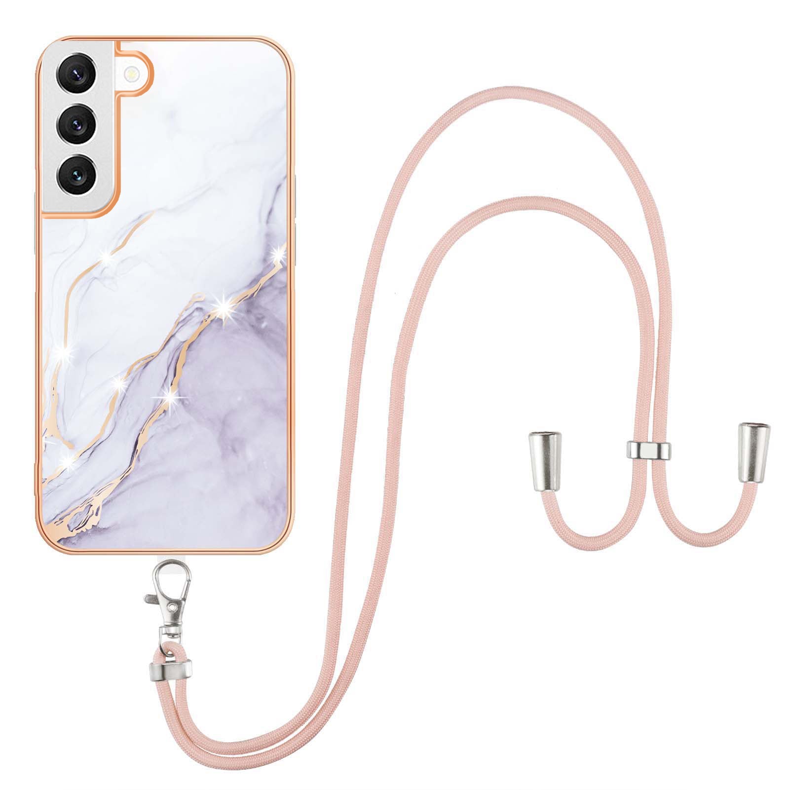 YB IMD Series-9 IMD Marble Phone Case for Samsung Galaxy S22+ 5G Electroplating Frame Soft TPU Back Cover with Lanyard