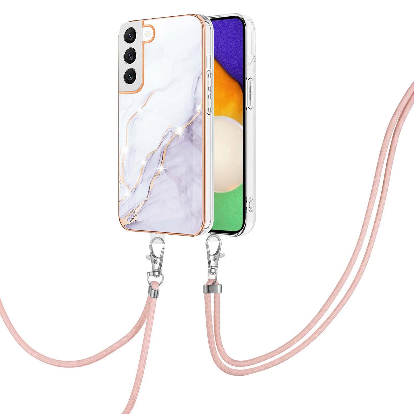YB IMD Series-9 IMD Marble Phone Case for Samsung Galaxy S22+ 5G Electroplating Frame Soft TPU Back Cover with Lanyard