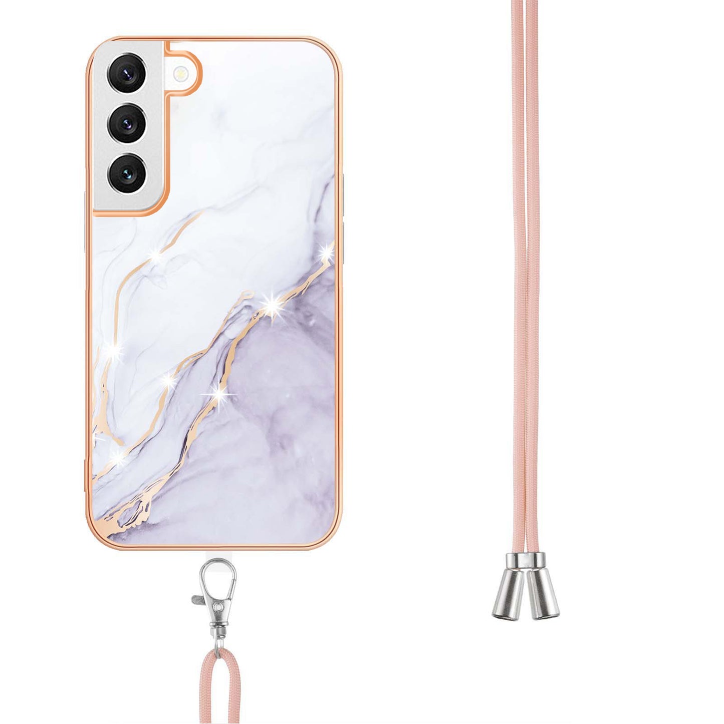 YB IMD Series-9 IMD Marble Phone Case for Samsung Galaxy S22+ 5G Electroplating Frame Soft TPU Back Cover with Lanyard