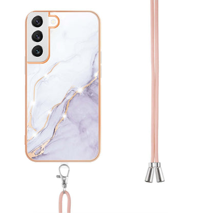 YB IMD Series-9 IMD Marble Phone Case for Samsung Galaxy S22+ 5G Electroplating Frame Soft TPU Back Cover with Lanyard