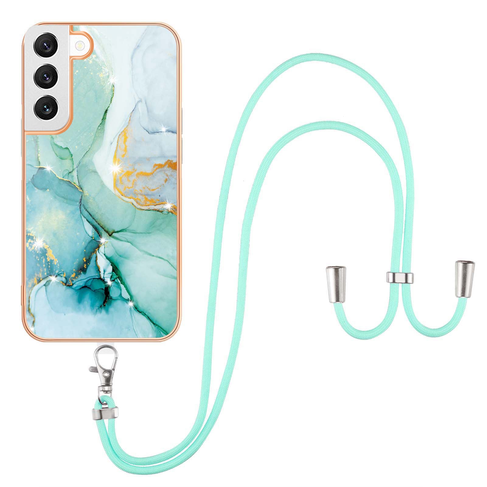 YB IMD Series-9 IMD Marble Phone Case for Samsung Galaxy S22+ 5G Electroplating Frame Soft TPU Back Cover with Lanyard