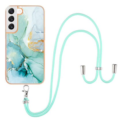 YB IMD Series-9 IMD Marble Phone Case for Samsung Galaxy S22+ 5G Electroplating Frame Soft TPU Back Cover with Lanyard
