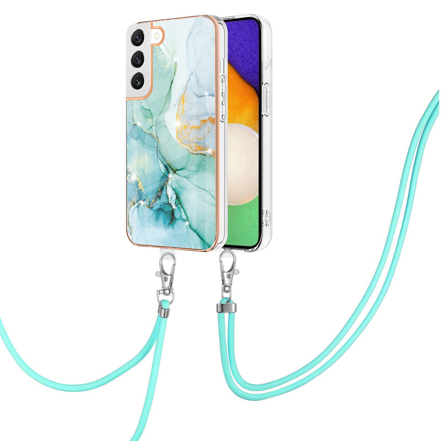 YB IMD Series-9 IMD Marble Phone Case for Samsung Galaxy S22+ 5G Electroplating Frame Soft TPU Back Cover with Lanyard