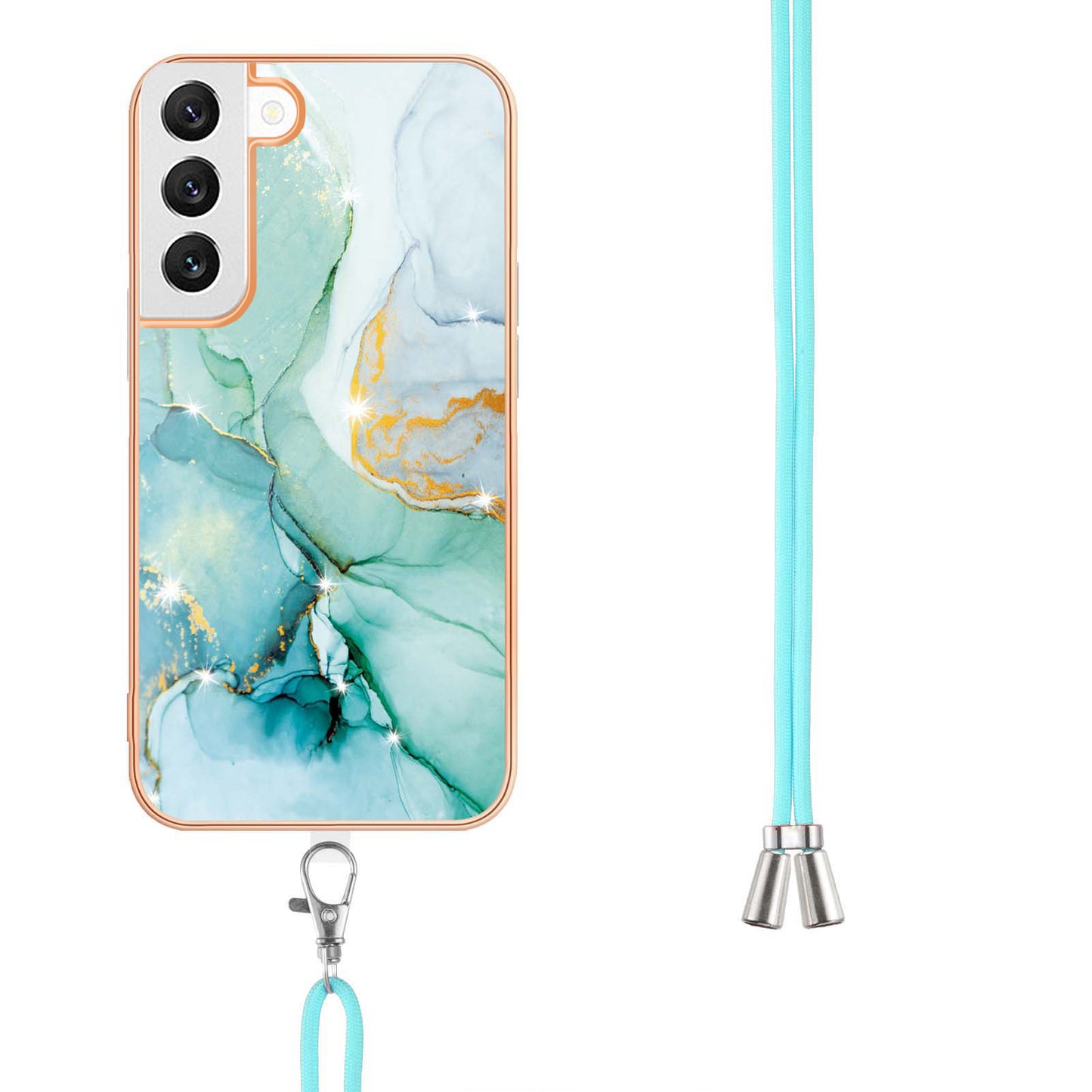 YB IMD Series-9 IMD Marble Phone Case for Samsung Galaxy S22+ 5G Electroplating Frame Soft TPU Back Cover with Lanyard