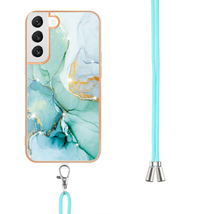 YB IMD Series-9 IMD Marble Phone Case for Samsung Galaxy S22+ 5G Electroplating Frame Soft TPU Back Cover with Lanyard