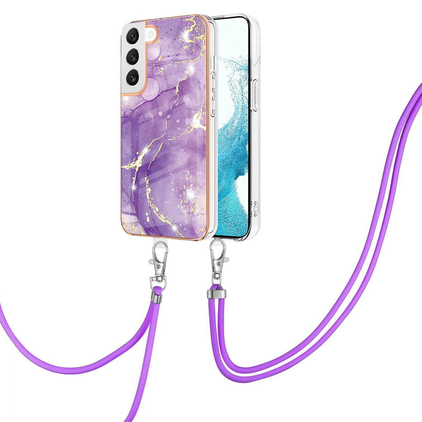 YB IMD Series-9 Soft TPU Phone Case for Samsung Galaxy S22 5G, Marble Pattern IMD Electroplating Ultra-thin Cover with Lanyard