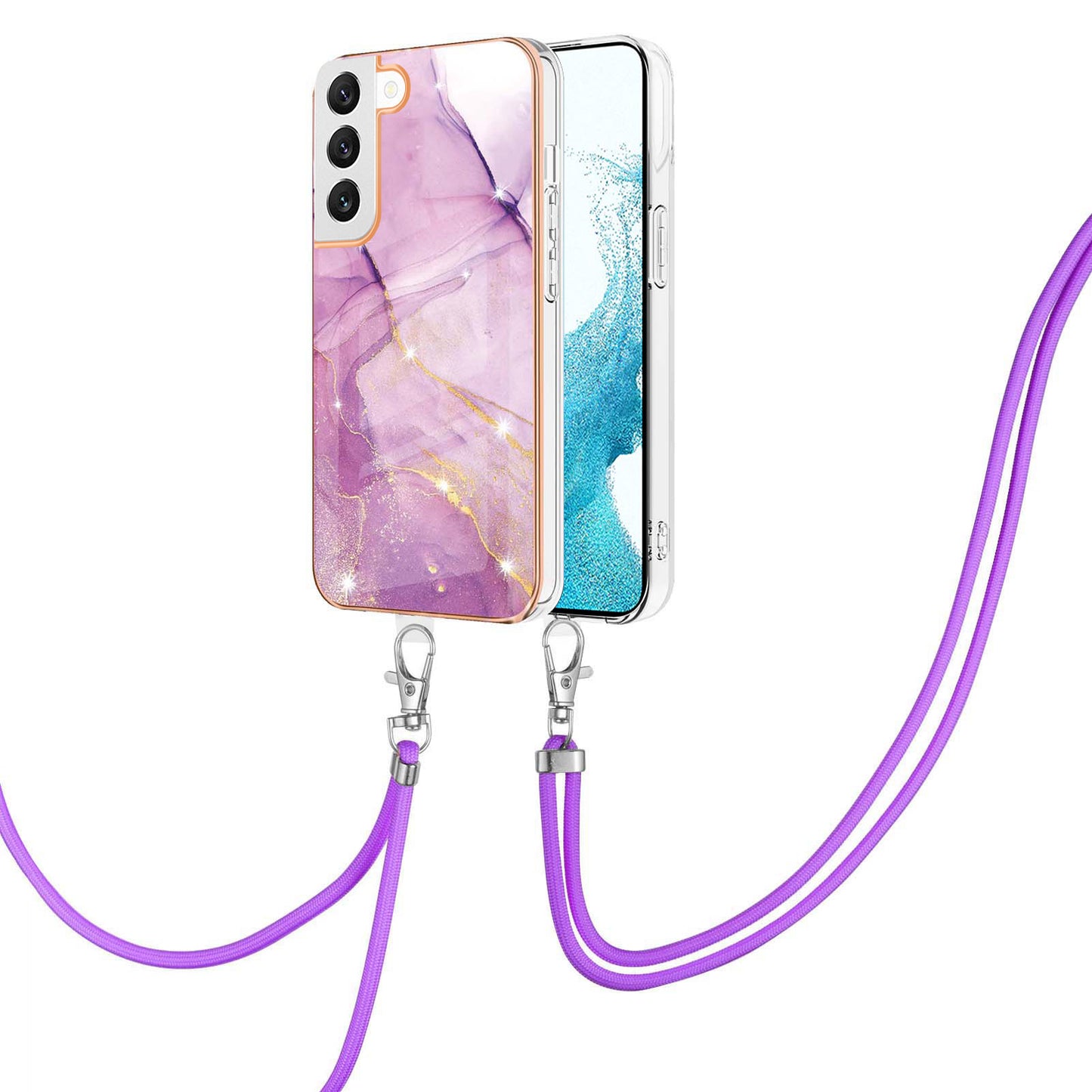 YB IMD Series-9 Soft TPU Phone Case for Samsung Galaxy S22 5G, Marble Pattern IMD Electroplating Ultra-thin Cover with Lanyard