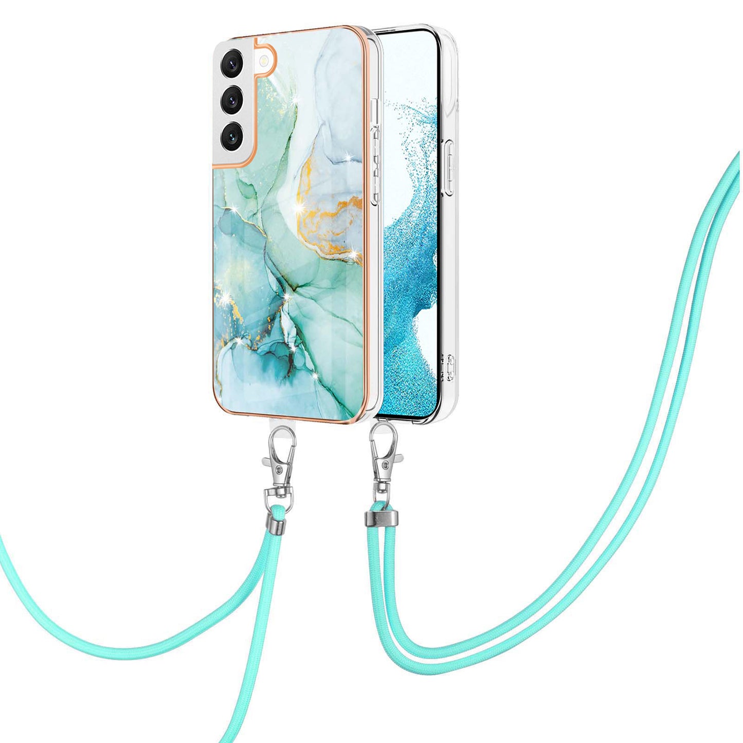 YB IMD Series-9 Soft TPU Phone Case for Samsung Galaxy S22 5G, Marble Pattern IMD Electroplating Ultra-thin Cover with Lanyard