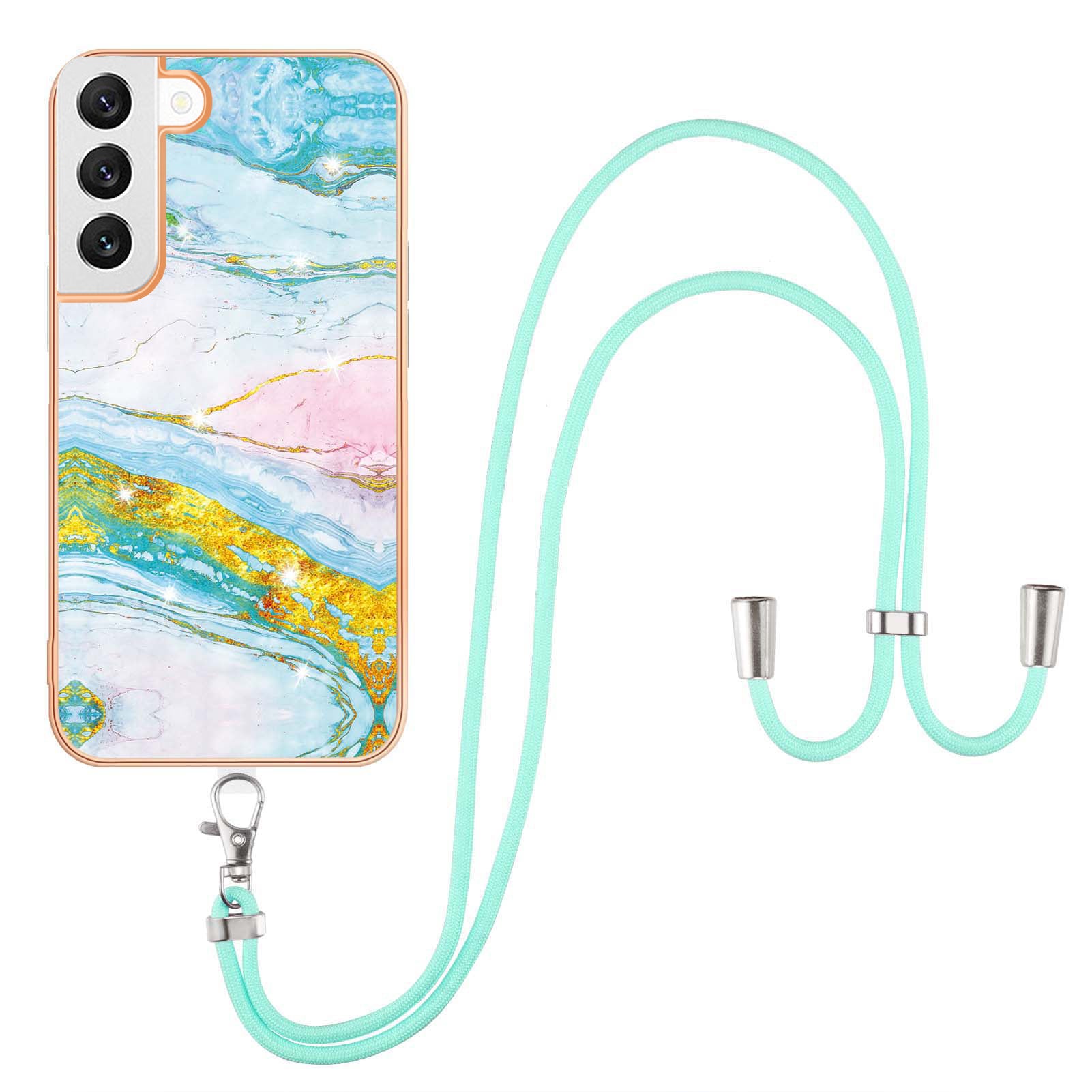 YB IMD Series-9 Soft TPU Phone Case for Samsung Galaxy S22 5G, Marble Pattern IMD Electroplating Ultra-thin Cover with Lanyard
