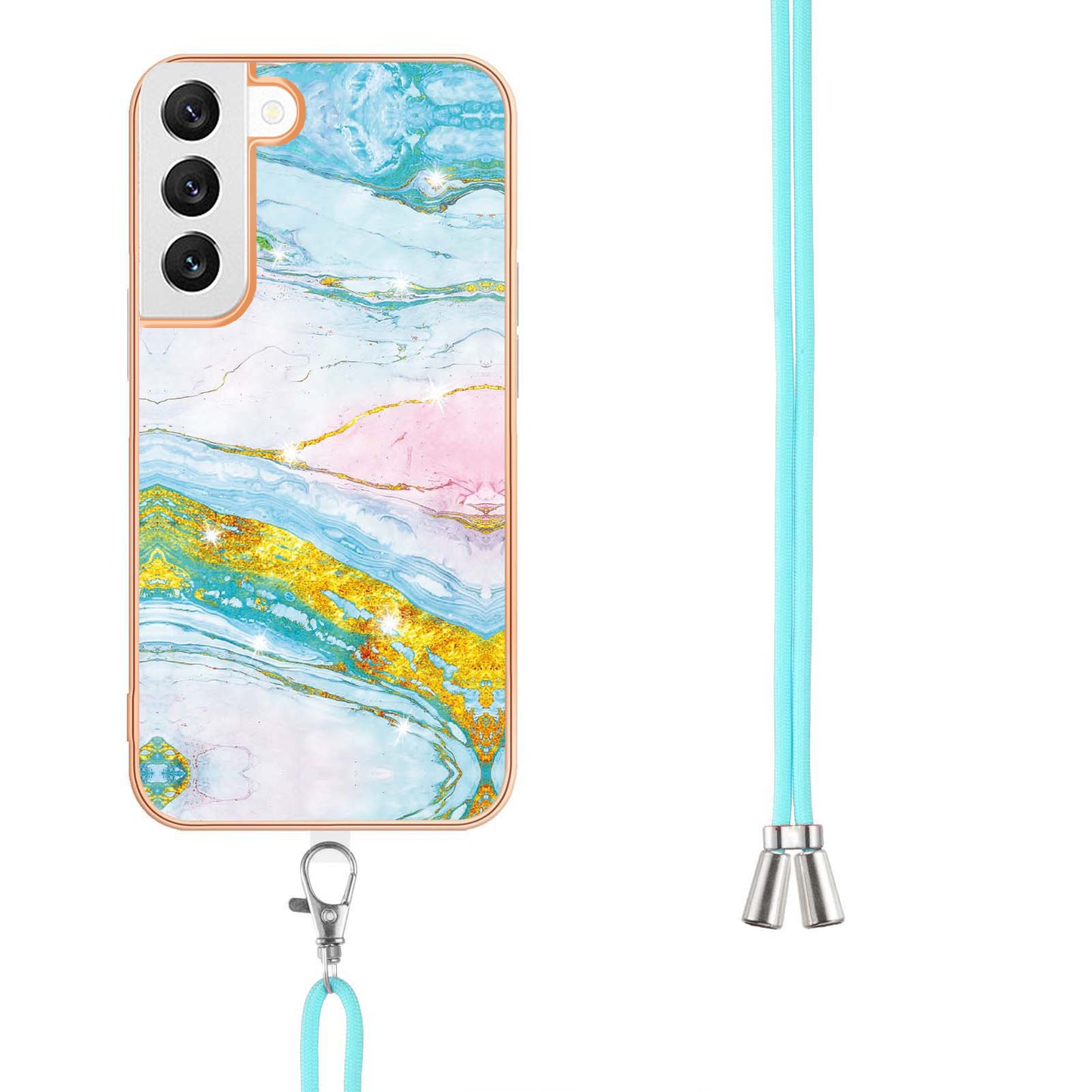 YB IMD Series-9 Soft TPU Phone Case for Samsung Galaxy S22 5G, Marble Pattern IMD Electroplating Ultra-thin Cover with Lanyard