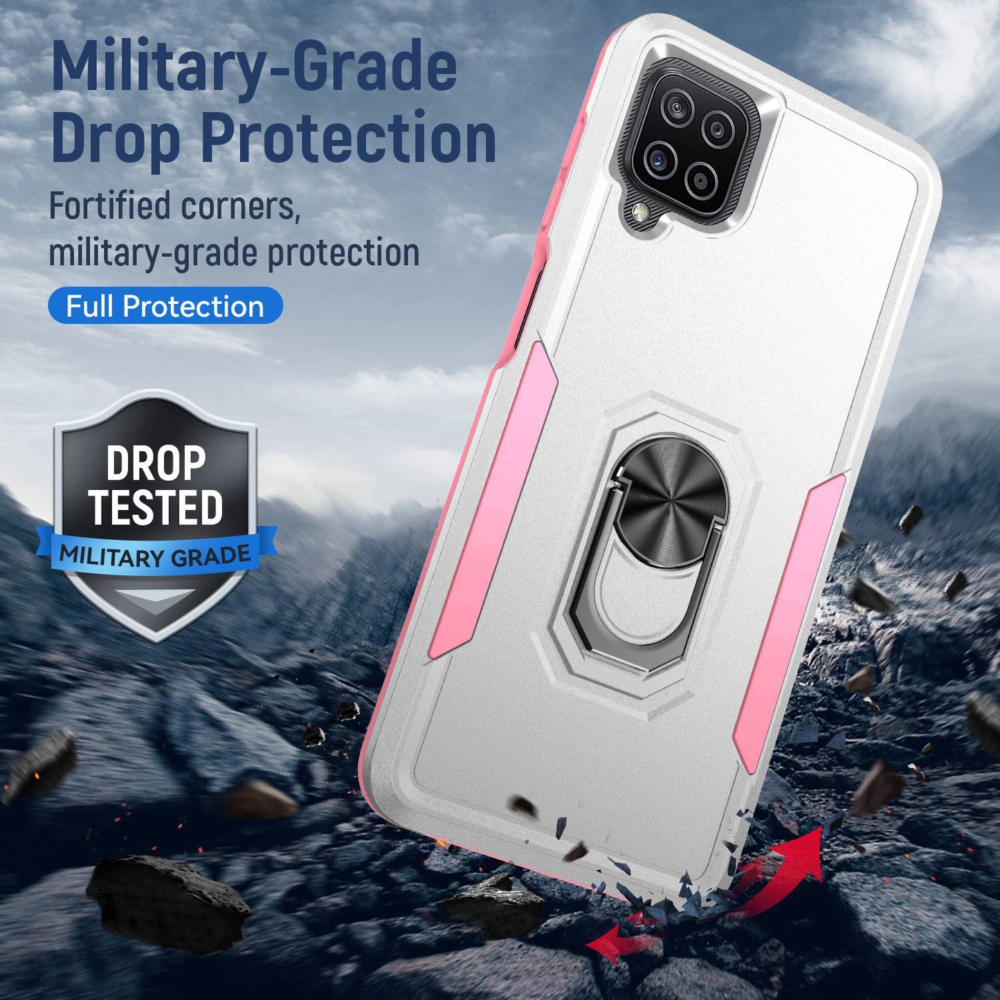 For Samsung Galaxy A12 Defender Series PC + TPU Hybrid Phone Cover Rotary Ring Kickstand Cellphone Case