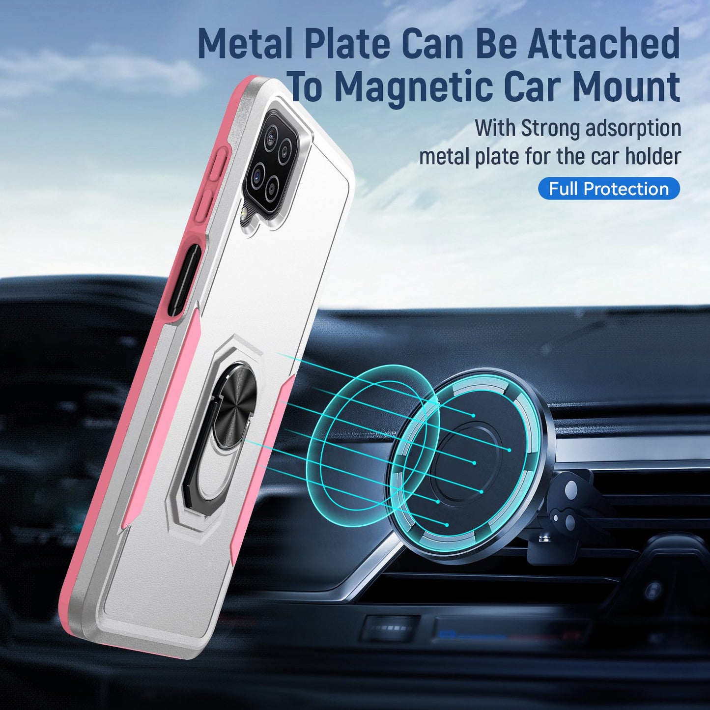 For Samsung Galaxy A12 Defender Series PC + TPU Hybrid Phone Cover Rotary Ring Kickstand Cellphone Case