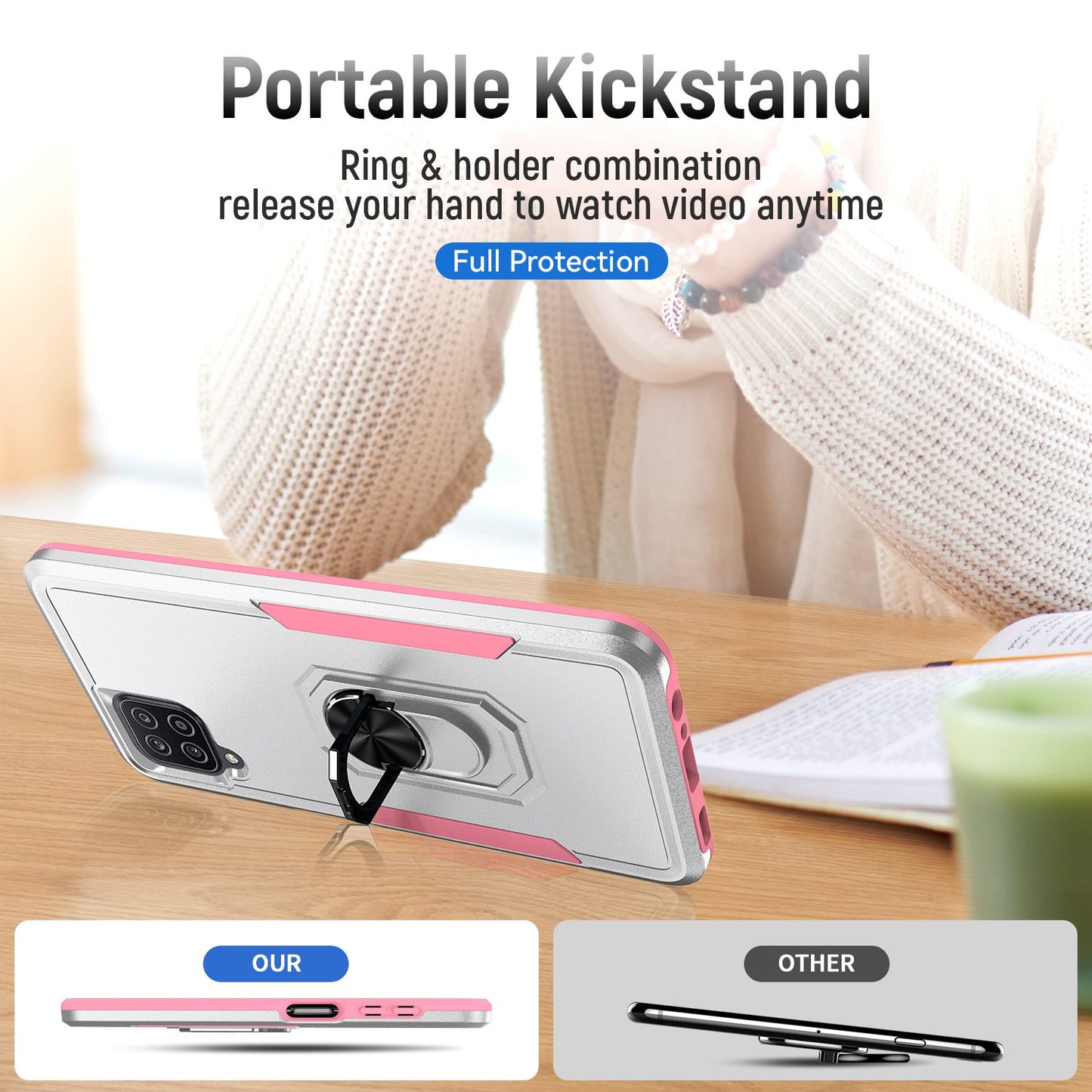 For Samsung Galaxy A12 Defender Series PC + TPU Hybrid Phone Cover Rotary Ring Kickstand Cellphone Case