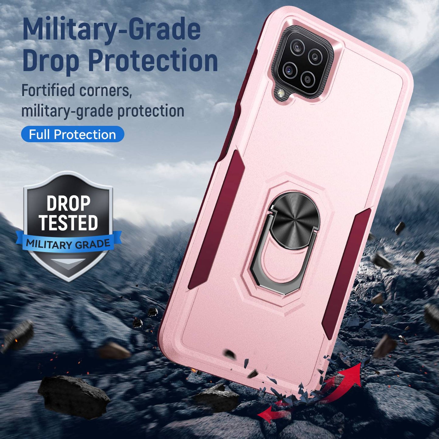 For Samsung Galaxy A12 Defender Series PC + TPU Hybrid Phone Cover Rotary Ring Kickstand Cellphone Case