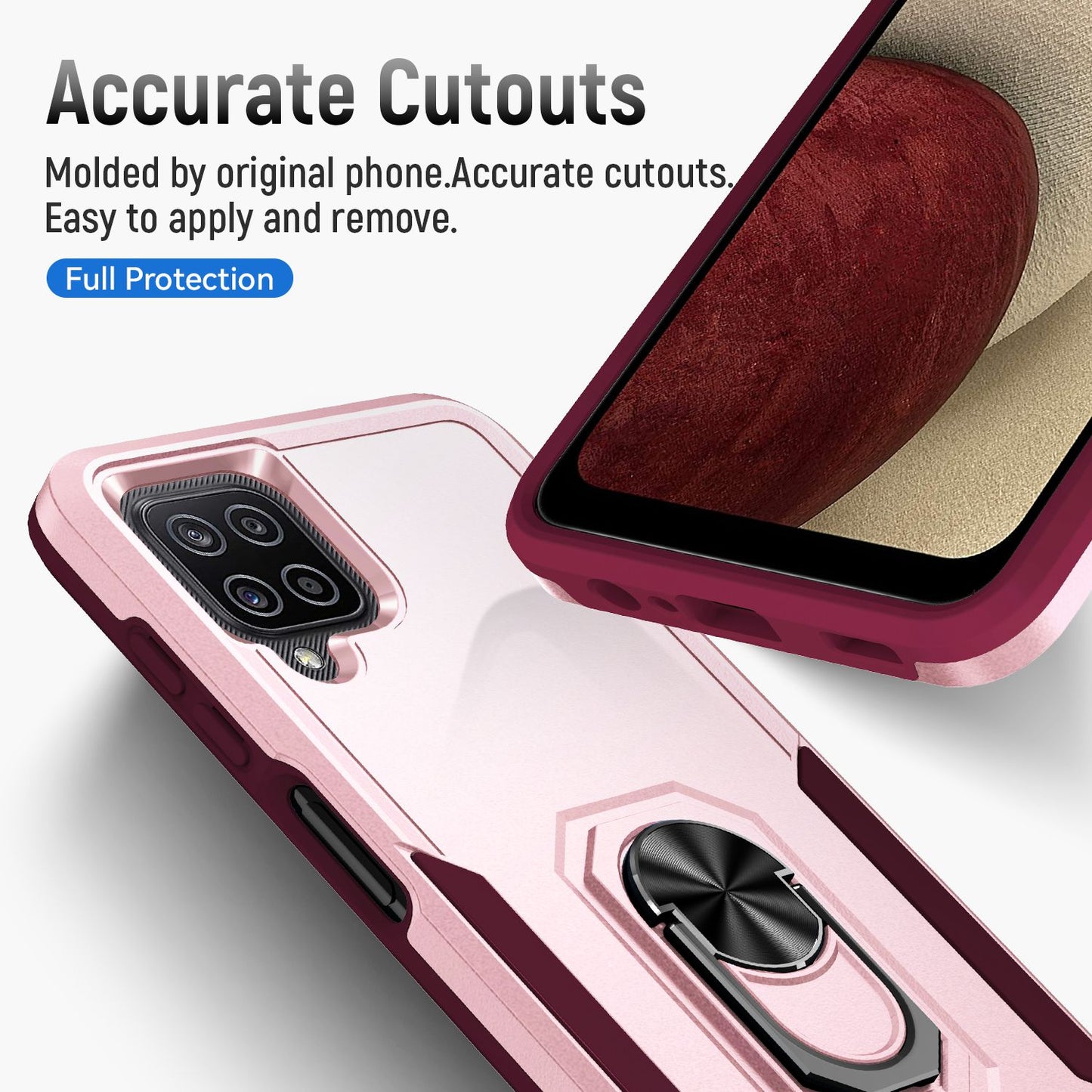 For Samsung Galaxy A12 Defender Series PC + TPU Hybrid Phone Cover Rotary Ring Kickstand Cellphone Case
