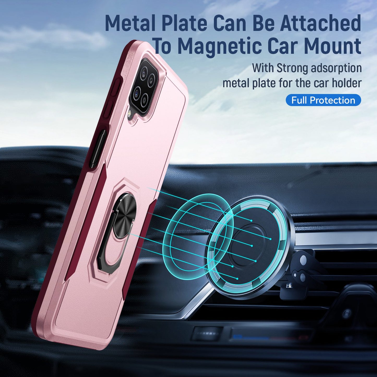 For Samsung Galaxy A12 Defender Series PC + TPU Hybrid Phone Cover Rotary Ring Kickstand Cellphone Case