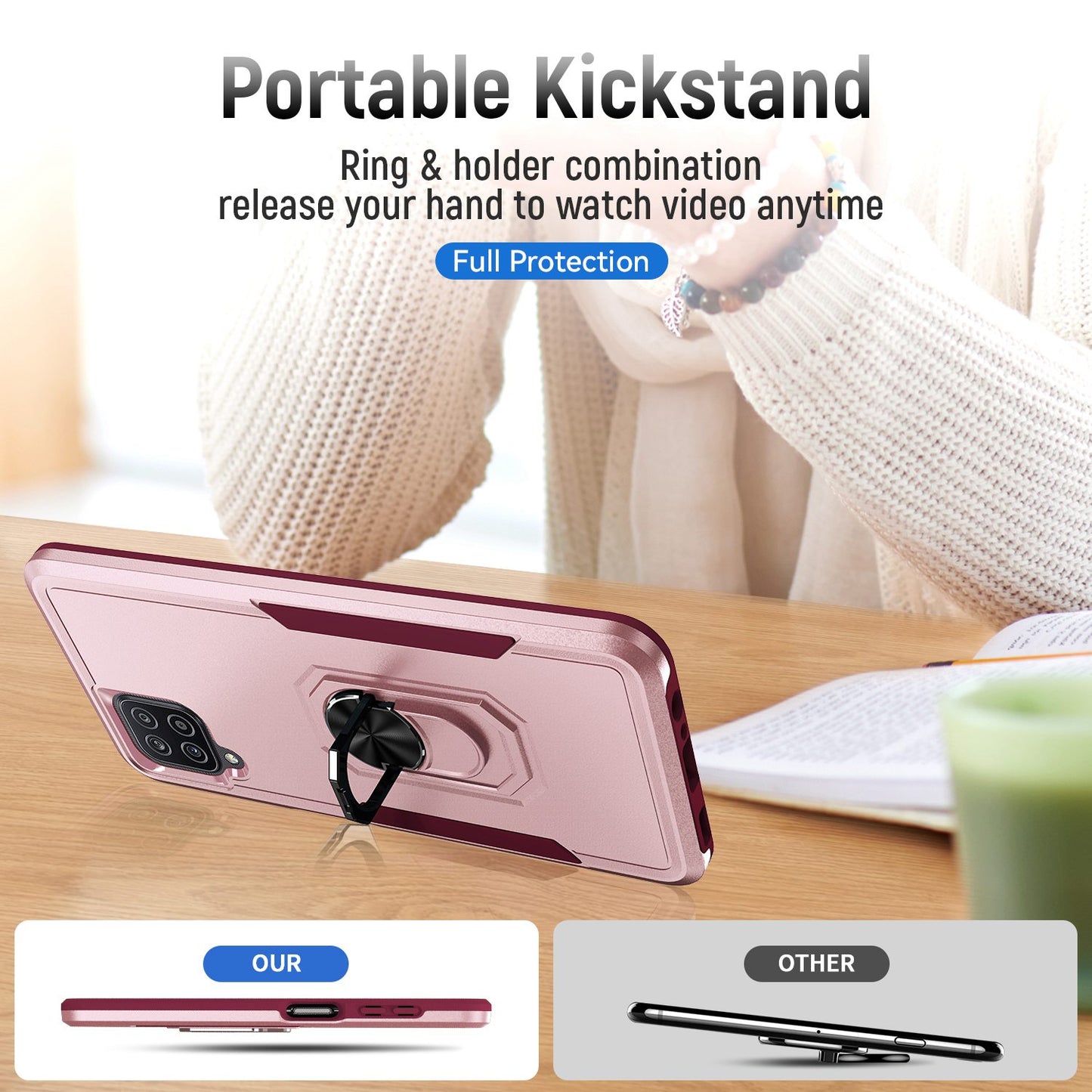 For Samsung Galaxy A12 Defender Series PC + TPU Hybrid Phone Cover Rotary Ring Kickstand Cellphone Case