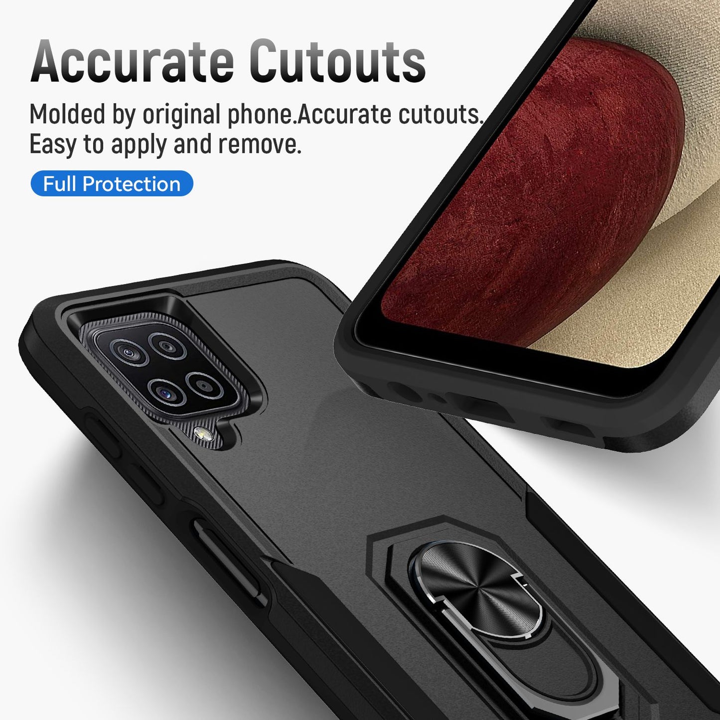 For Samsung Galaxy A12 Defender Series PC + TPU Hybrid Phone Cover Rotary Ring Kickstand Cellphone Case