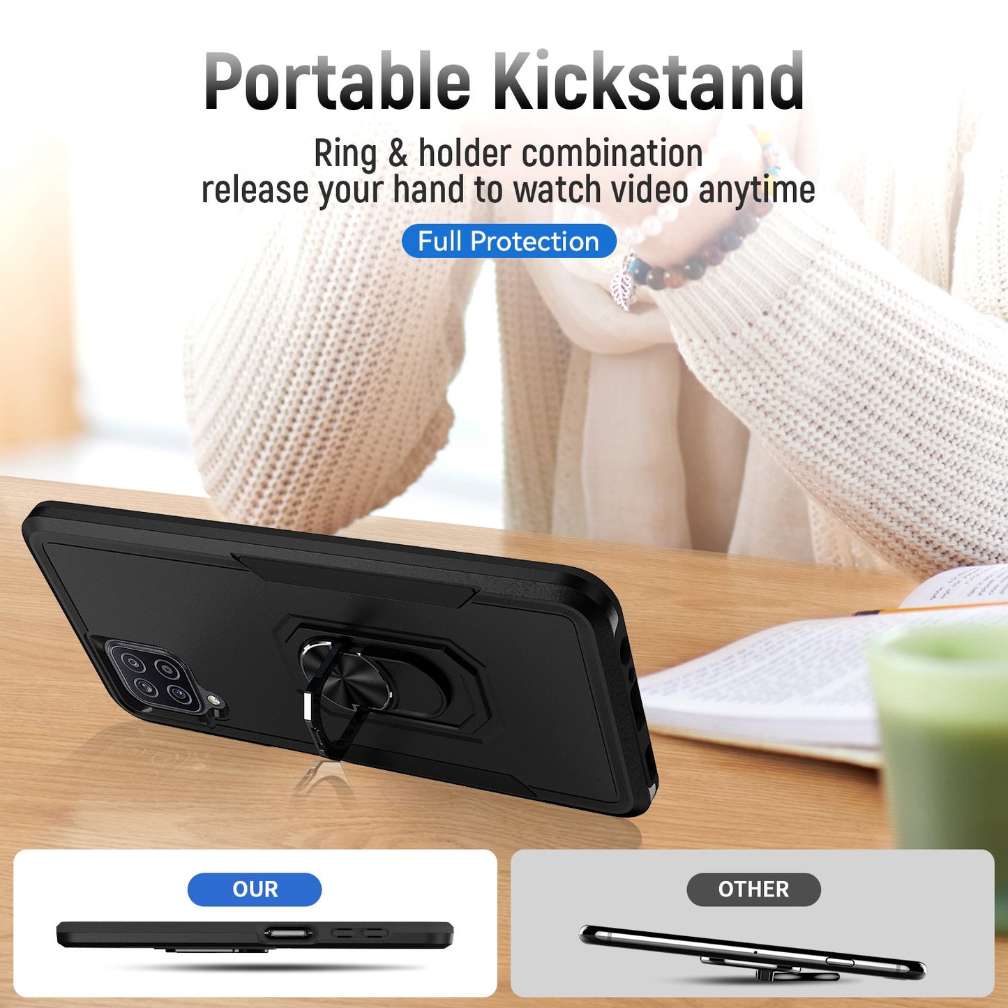 For Samsung Galaxy A12 Defender Series PC + TPU Hybrid Phone Cover Rotary Ring Kickstand Cellphone Case