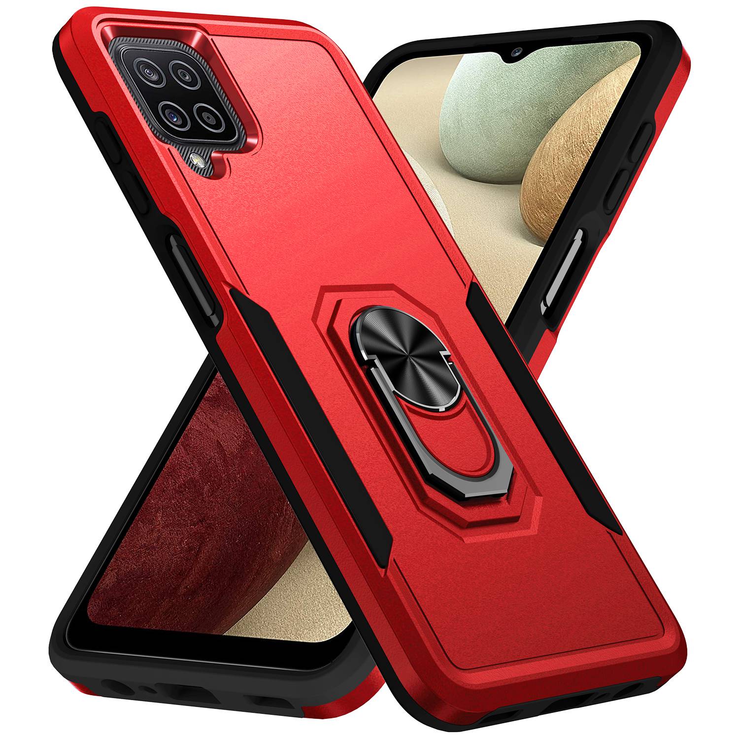 For Samsung Galaxy A12 Defender Series PC + TPU Hybrid Phone Cover Rotary Ring Kickstand Cellphone Case